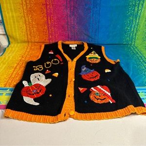 Vintage Halloween Embroidered Sweater Vest Shirt Top Yarnworks  BOO! Sz M